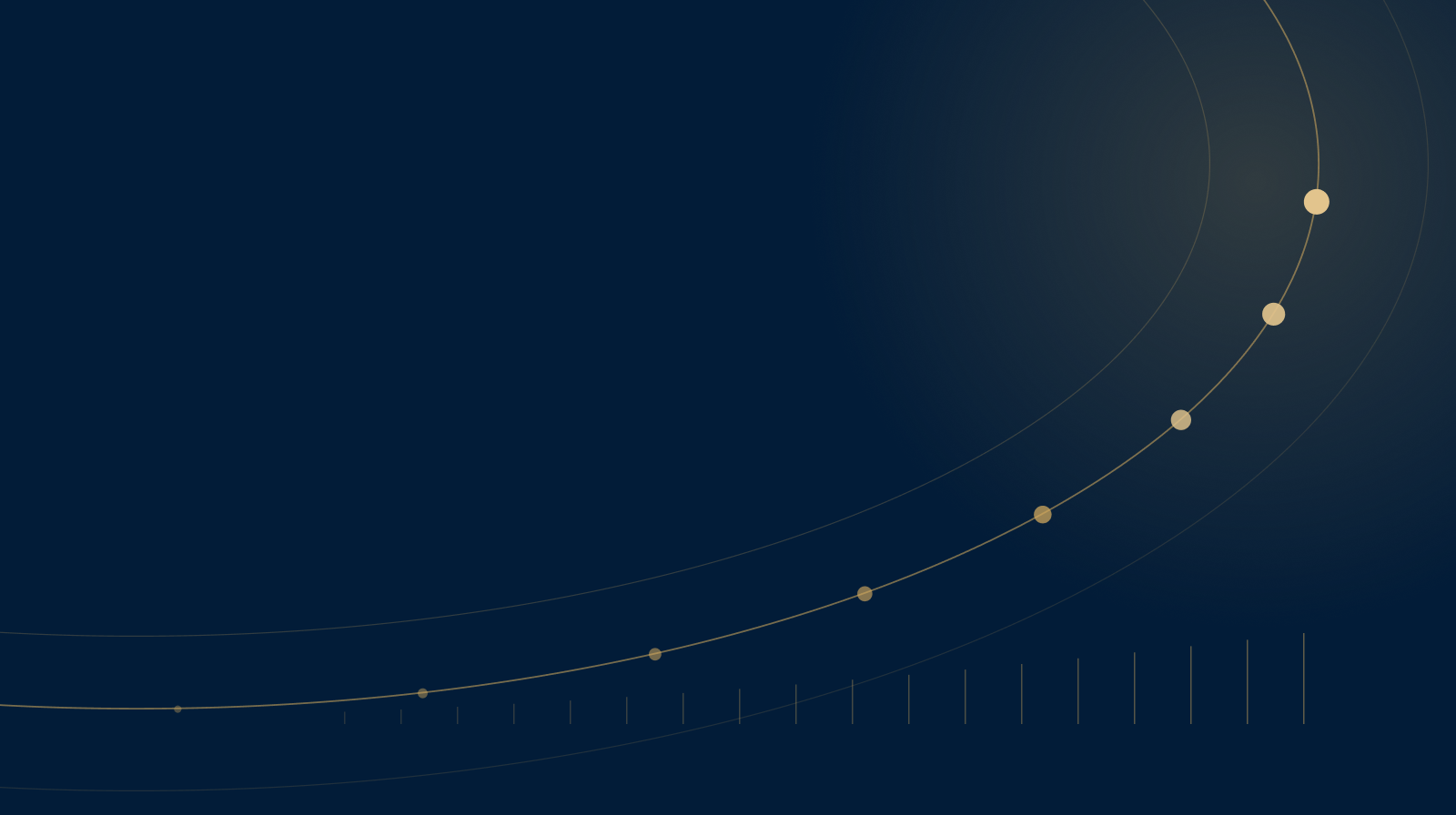 Composición gráfica: trayectoria ascendente con hitos dorados crecientes sobre fondo azul noche