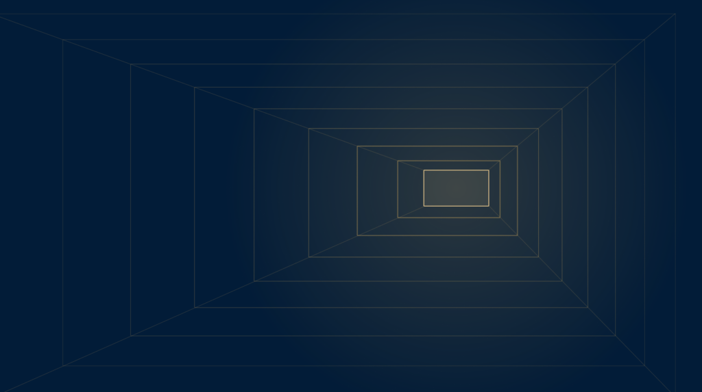 Composición gráfica: estructura de capas anidadas en fuga, línea dorada sobre fondo azul noche