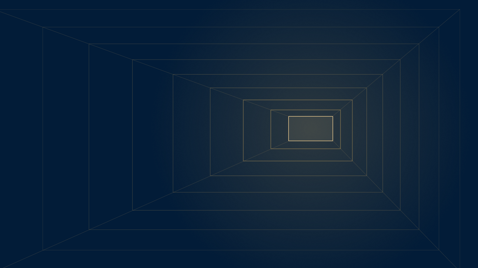 Composición gráfica: estructura de capas anidadas en fuga, línea dorada sobre fondo azul noche